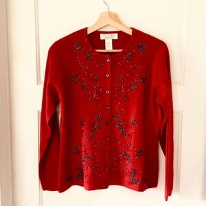 Petite Sophisticate Red Black Wool Blend Beaded Embroidered Cardigan M Elegant
